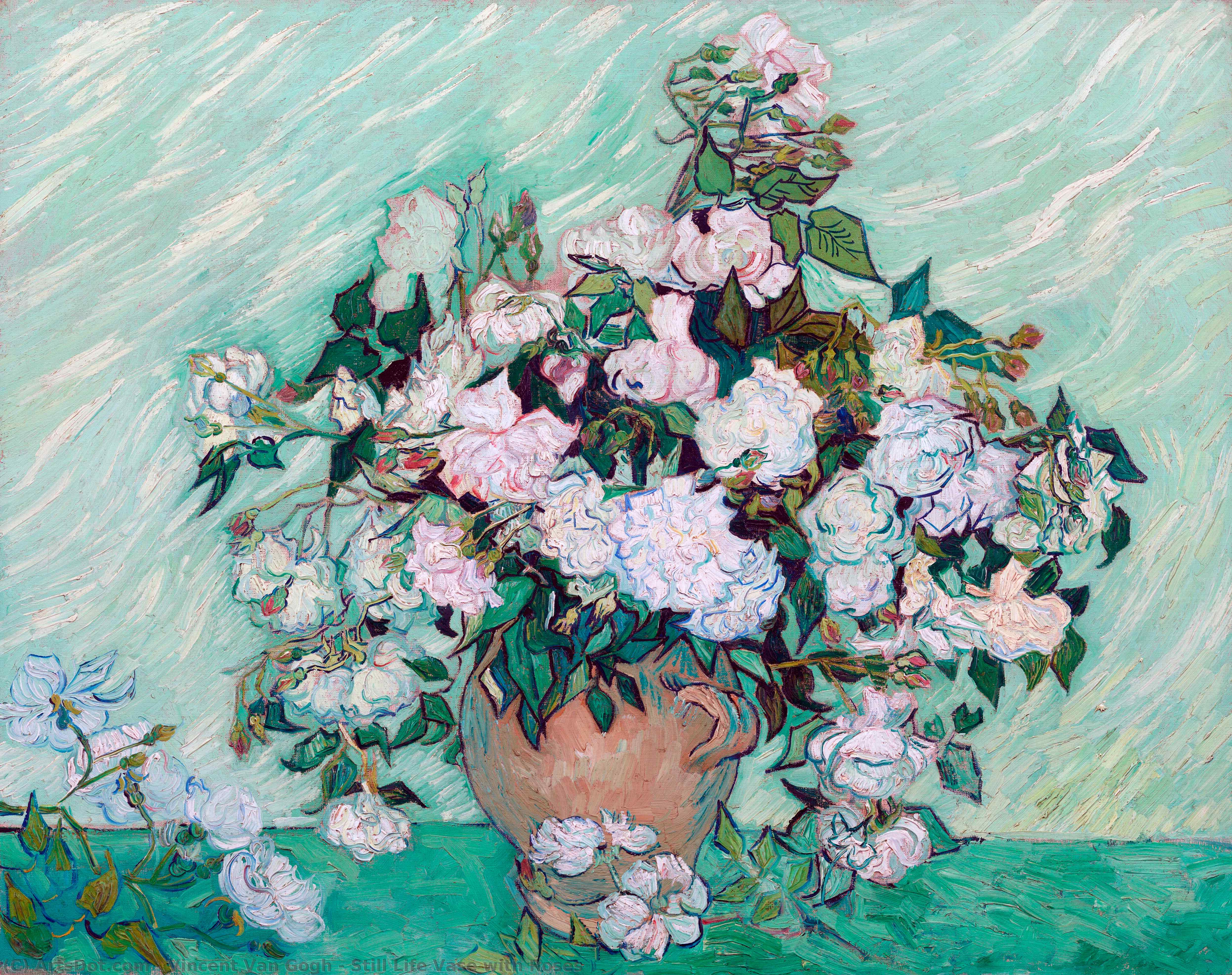 Vase Med Roser – Et Mesterværk Af Vincent Van Gogh Denne Maleri, Skabt I 1890 Under En Periode Med Håb Og Ro På Saint-rémy Hospitalet, Er Mere End Blot Et Billede Af Blomster; Det Er Et Udtryk For Genfødsel Og Van Goghs Vedholdende Ånd. Centreret Omkrin — Vincent Willem Van Gogh