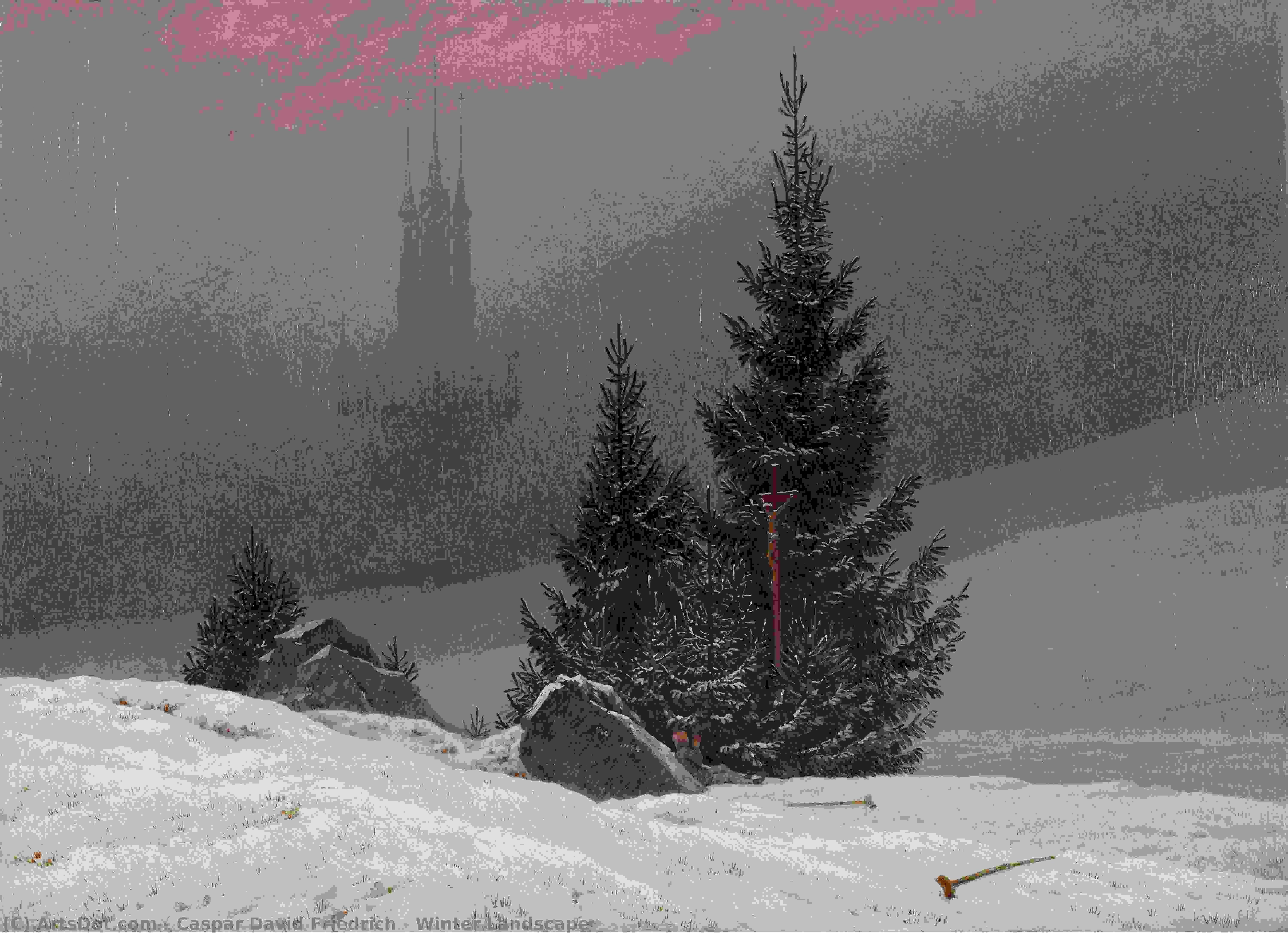 Caspar David Friedrich Hulgas Talvist Imemaailmas, Kus Pehmenenud Toonid Ja Kontrastsed Varjundid Loovad Salapärase Rahulikkuse Tunde. Kompositsioon Kujutab Kolme Kuuske, Mida Kaunistavad Roosad Lindid, Lumise Tausta Ees. Horisontis On Hoonete Või Strukt — Caspar David Friedrich