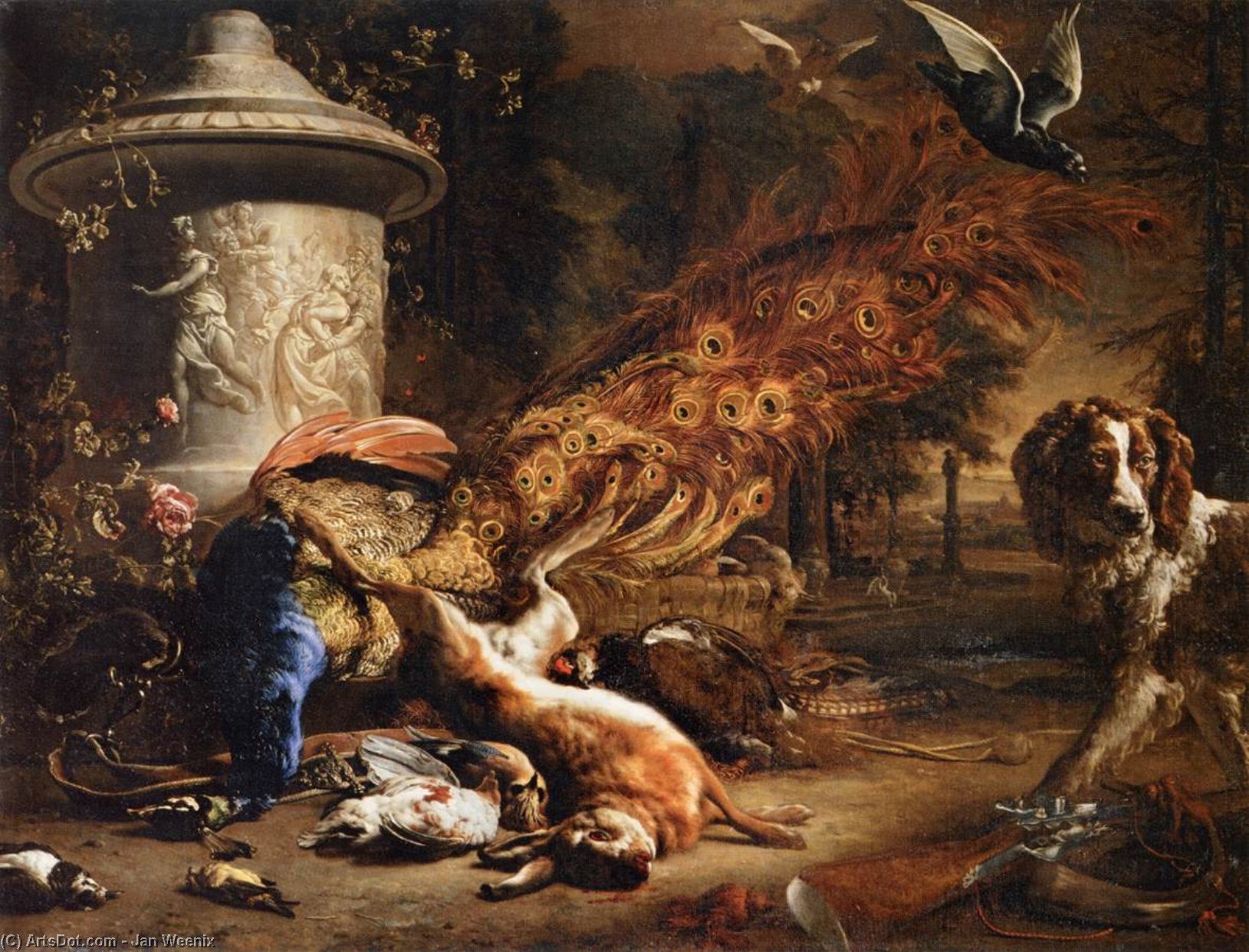 Stillleben Mit Einem Pfau Und Einem Hund — Jan Weenix