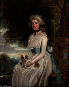 Portrait Of A Lady, Traditionally Identified As Miss Leyborne Popham, Three-quarter-length, In A White Dress With A Blue Sash, A Dog On Her Lap, In A Landscape — George Romney