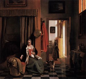 Mother Lacing Her Bodice Beside A Cradle — Pieter De Hooch