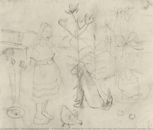 A Standing And A Sitting Girl In The Garden With Dog And Chicken/elsbeth Between Fire Lilies — Paula Modersohn-becker