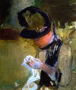 Woman In Black And Green Bonnet, Sewing — Mary Stevenson Cassatt