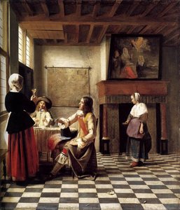 A Woman Drinking With Two Men — Pieter De Hooch
