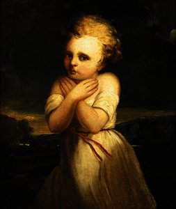Portrait Of A Girl, Standing Small Three Quarter Length In A Landscape, Wearing A White Dress, Being Frightened By The Weather — George Romney