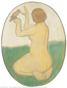 Kneeling Female Nude With Bird On The Left Hand — Paula Modersohn-becker