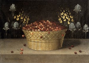 Basket Of Cherries And Flowers — Blas De Ledesma