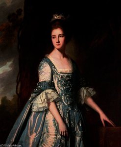 Portrait Of A Lady, Half-length, In A Blue And Pink Dress, In A Landscape — George Romney
